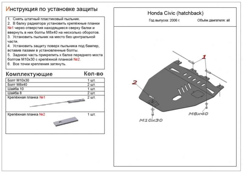 Металлическая защита двигателя и кпп Honda Civic 8 2006-2012