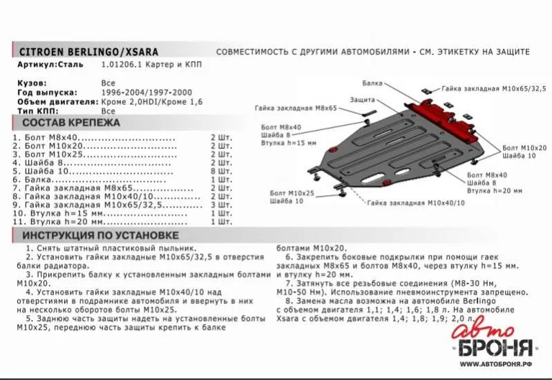 Металлическая защита двигателя и кпп Citroen Berlingo 1 1996-2002