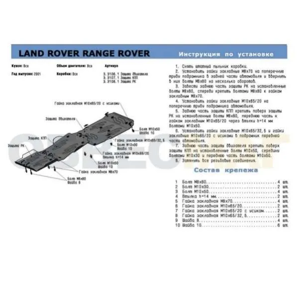 Алюминиевая защита двигателя, кпп и рк Land Rover Range Rover 3 2001-2012
