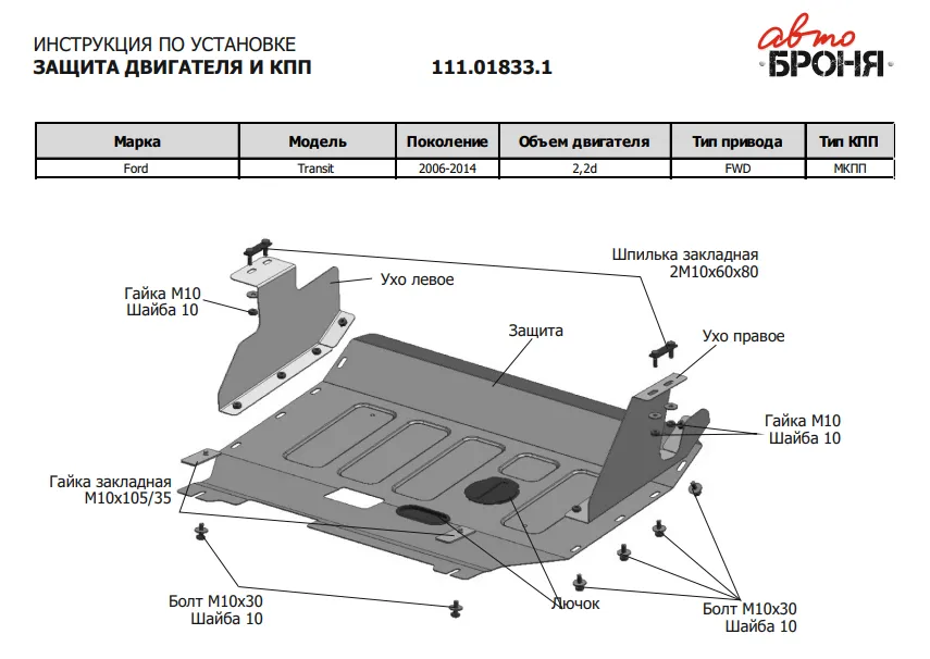 Металлическая защита двигателя и кпп Ford Transit 2006-2014