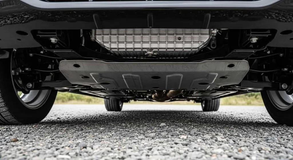 Стальная защита картера, установленная на днище автомобиля Стальная защита картера, установленная на днище автомобиля