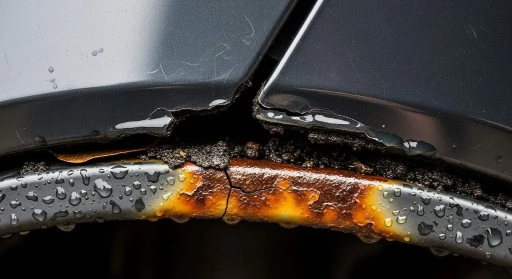 Неправильно установленный локер с зазорами, через которые видна грязь и коррозия. Неправильно установленный локер с зазорами, через которые видна грязь и коррозия.