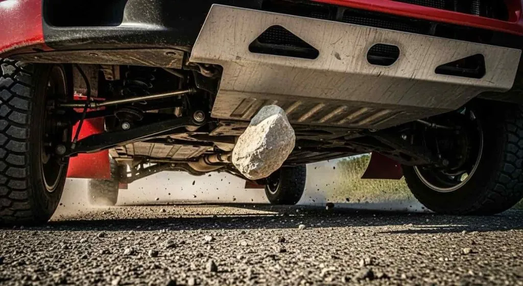Защита картера автомобиля от удара камнем на проселочной дороге. Защита картера автомобиля от удара камнем на проселочной дороге.