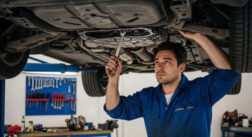 Механик снимает защиту картера для проведения техобслуживания. Механик снимает защиту картера для проведения техобслуживания.