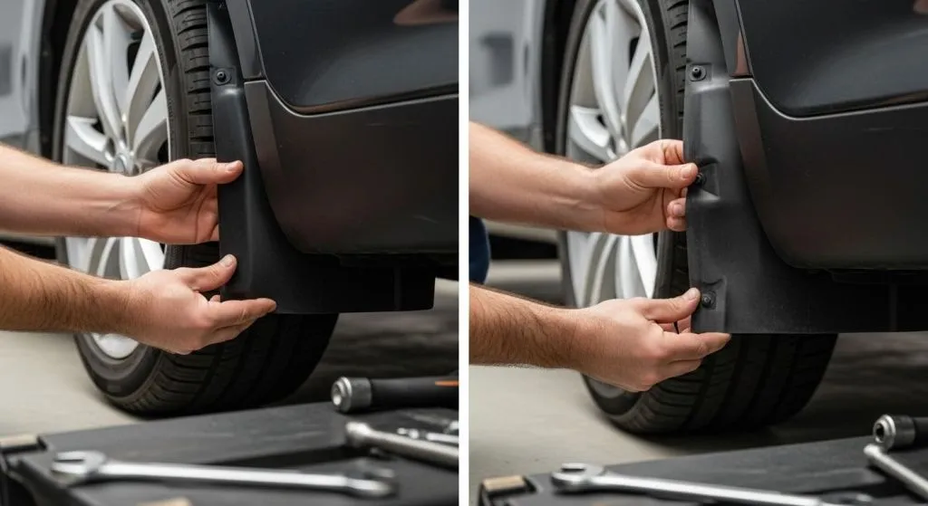 Сравнение установки оригинального и универсального подкрылка на автомобиль. Сравнение установки оригинального и универсального подкрылка на автомобиль.