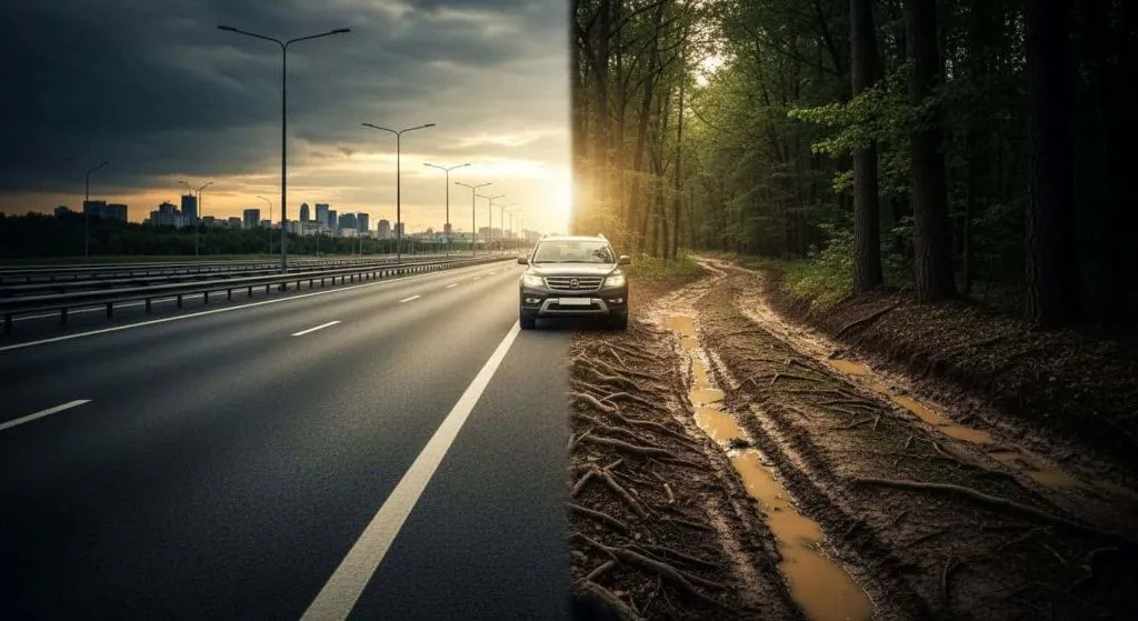 Автомобиль на распутье между городской дорогой и бездорожьем. Автомобиль на распутье между городской дорогой и бездорожьем.