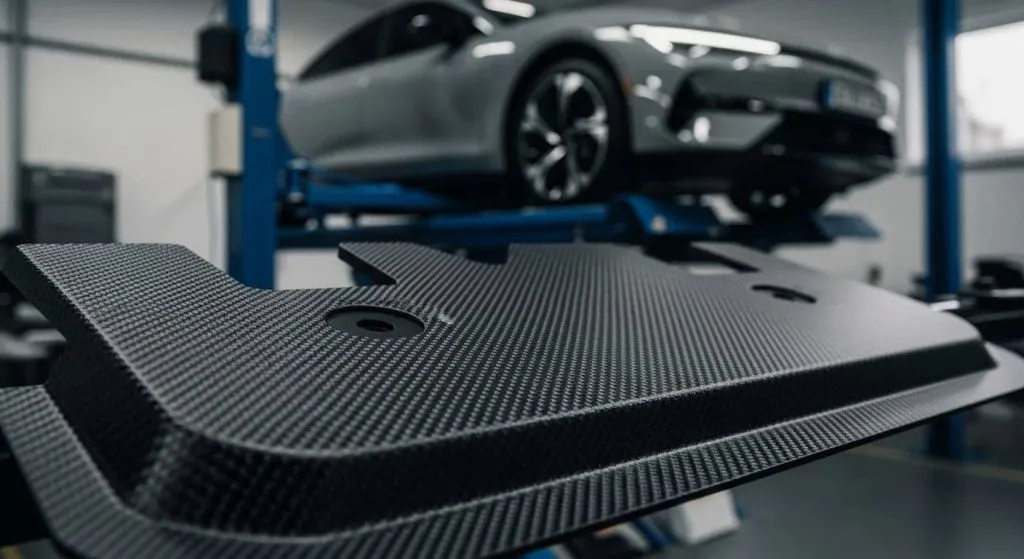 Современная композитная защита картера с текстурой углепластика. Современная композитная защита картера с текстурой углепластика.