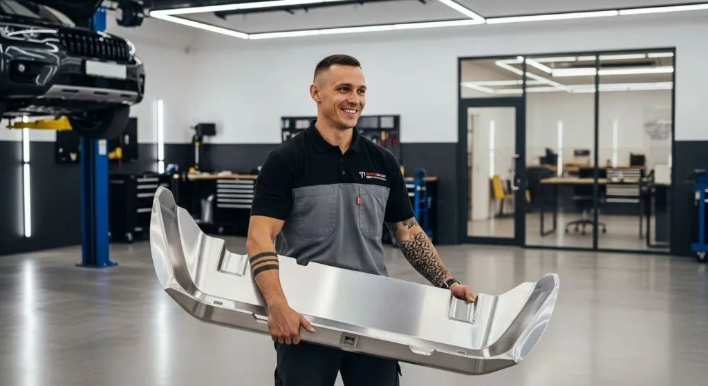 Механик легко держит алюминиевую защиту картера. Механик легко держит алюминиевую защиту картера.