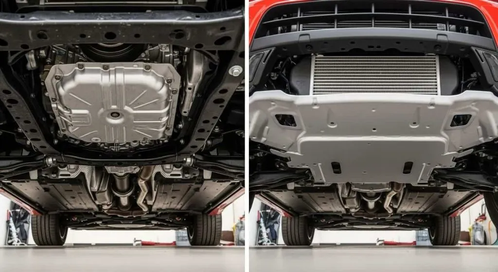 Два фото, показывающие разницу между защитой картера и защитой двигателя. Два фото, показывающие разницу между защитой картера и защитой двигателя.