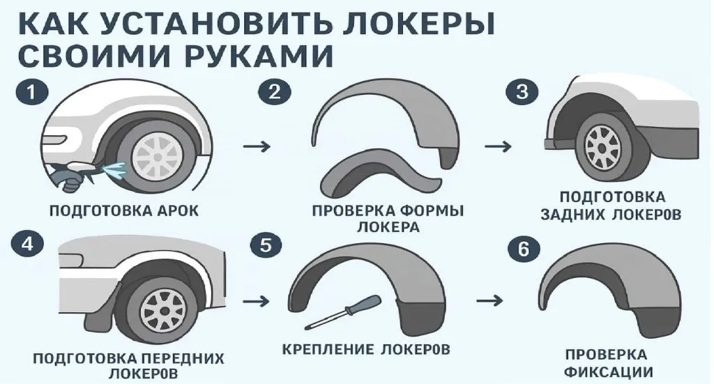 Инфографика с пошаговой инструкцией по установке локеров своими руками: подготовка арок, проверка формы, установка и фиксация.