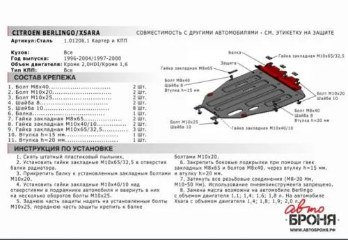 Металлическая защита двигателя и кпп Citroen Berlingo 1 1996-2002
