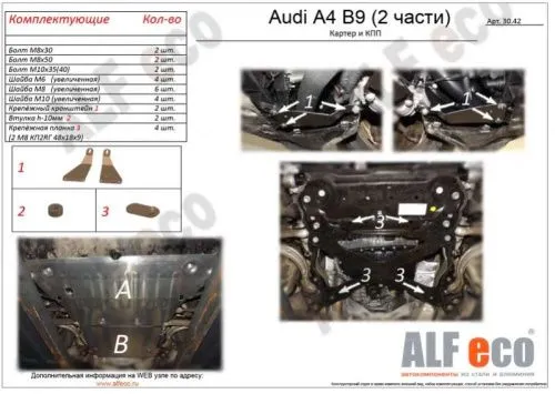 Металлическая защита двигателя и кпп Audi A4 B9 (S4,RS4) 2019-2024