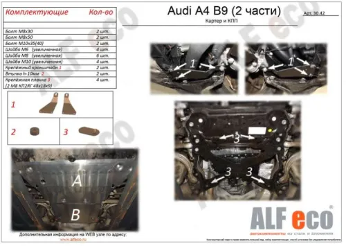 Металлическая защита двигателя и кпп Audi A4 B9 (S4,RS4) 2015-2020