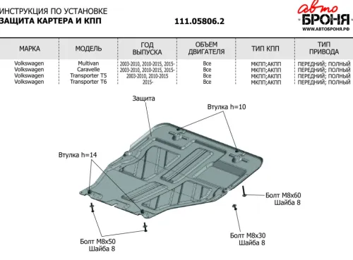 Металлическая защита двигателя и кпп Volkswagen T6 2015-