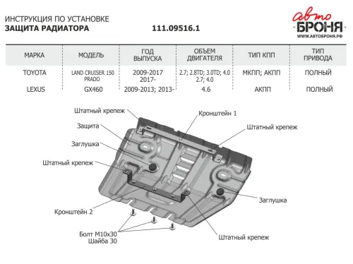 Металлическая защита радиаторов Toyota Land Cruiser Prado 150 2009-2023