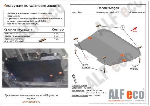 Металлическая защита двигателя и кпп Renault Megane 1 1995-2003
