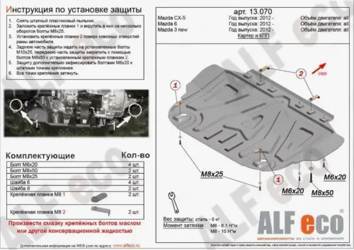 Металлическая защита двигателя и кпп Mazda 6 2012-
