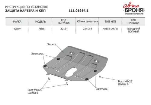 Металлическая защита двигателя и кпп Geely Atlas 2016-2022