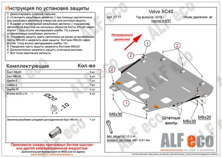 Металлическая защита двигателя и кпп Volvo XC40 I