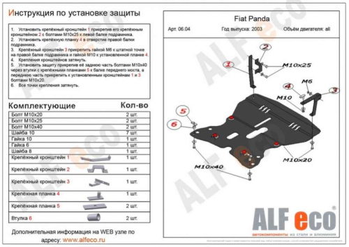 Металлическая защита двигателя и кпп Fiat Panda 2 2003-2012